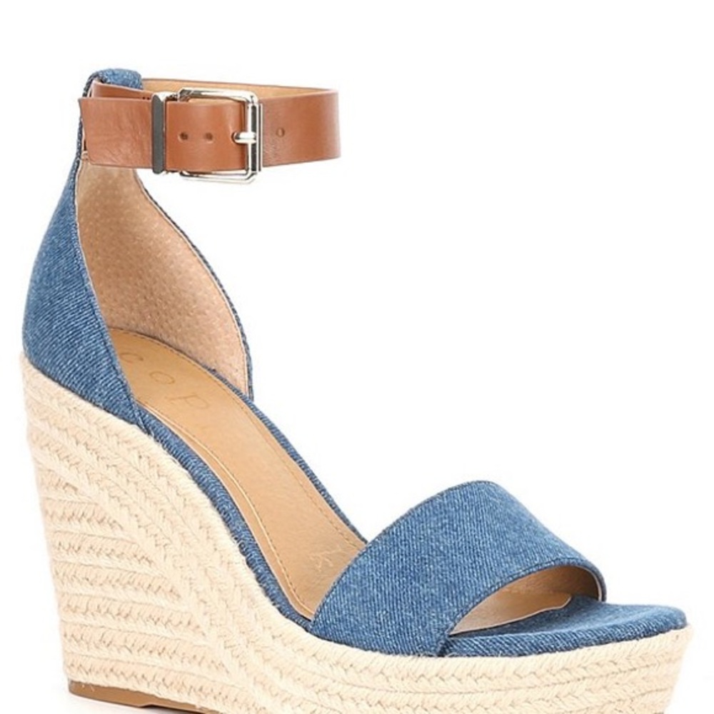 Copper Key, the Hightide Denim Ankle Strap Espadrille Wedges